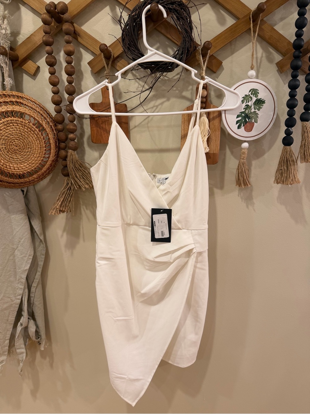 Fashion Nova Cream Spaghetti-Strap Mini Wrap Dress